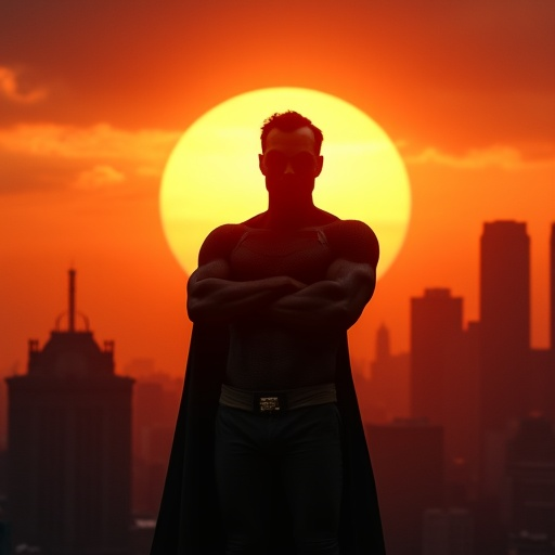 Silhouetted Hero, Sunset Cityscape