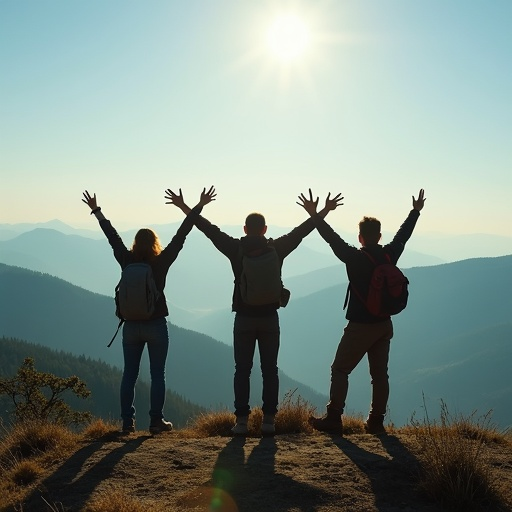 Summit Success: Friends Celebrate Victory Against the Setting Sun