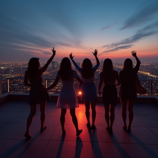 Silhouettes of Joy: Friends Celebrate Against a Cityscape Sunset