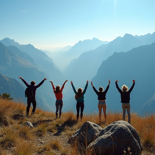 Summit Celebration: A Moment of Joy and Triumph Against the Majestic Mountains