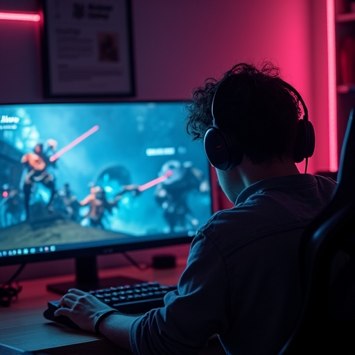 Immersed in the Game: A Gamer’s Focus Under Neon Lights