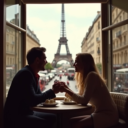 A Romantic Moment in Paris: Love Blooms at the Cafe with a View of the Eiffel Tower