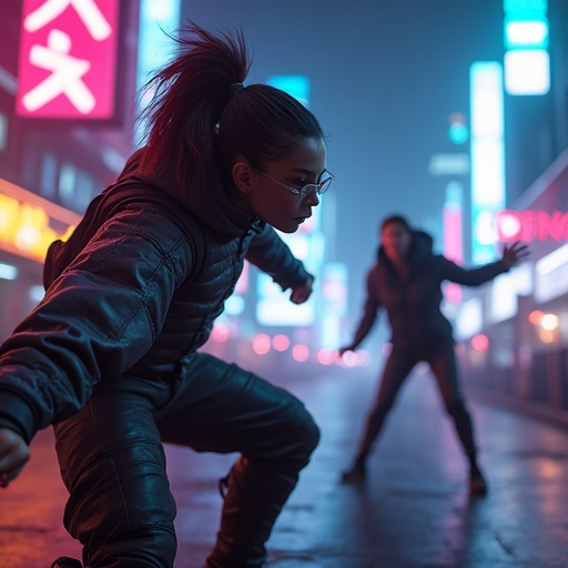 Neon City Enigma: A Woman’s Determined Walk Through a Cyberpunk World