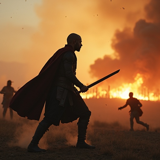 Silhouetted Warrior in a Fiery Landscape