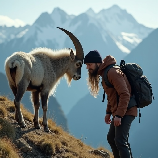 Man and Goat Share a Moment of Serene Curiosity on a Majestic Mountainside