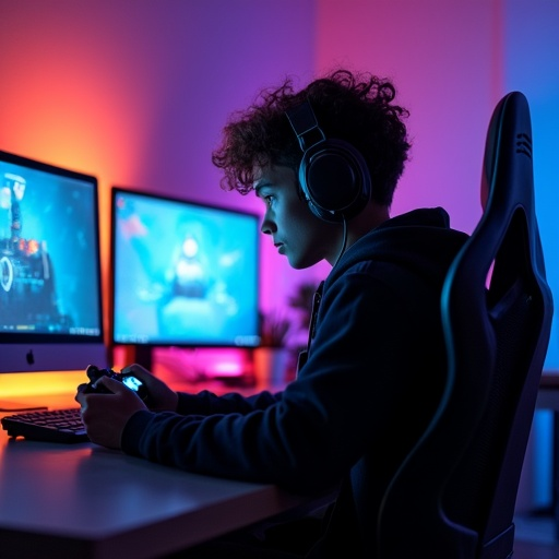 Immersed in the Game: A Gamer’s Focus Under Neon Lights