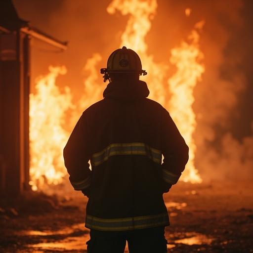 Silhouetted Hero: Firefighter Braves the Blaze