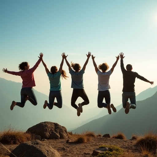 Friends Soaring High Against a Majestic Mountain Backdrop