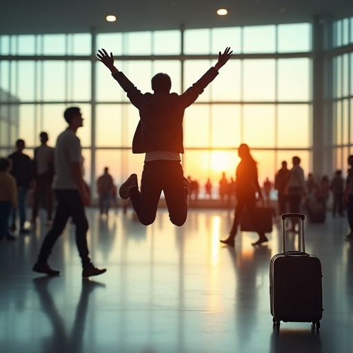 Taking Flight: Joyful Leap in a Bustling Airport