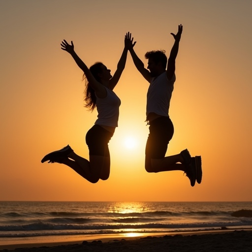 Silhouettes of Love: A Couple’s Joyful Leap into the Sunset