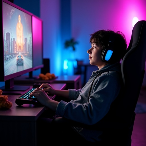 Lost in the Game: A Gamer’s Focus Under Neon Lights