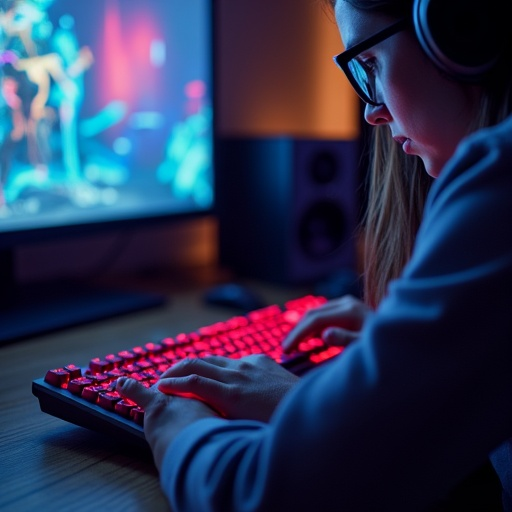 Red Hot Focus: A Woman’s Intense Concentration at the Keyboard