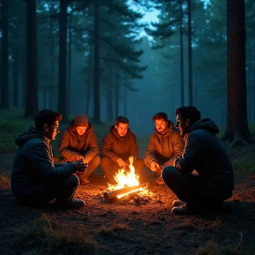 Mystery Awaits: Friends Gather Around a Campfire in the Misty Woods