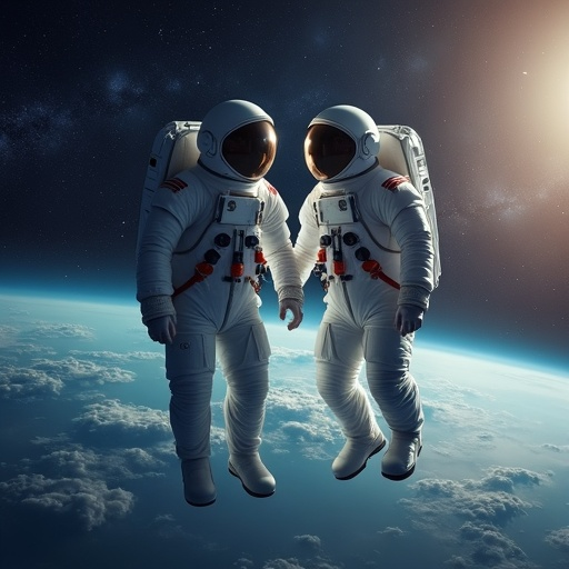 Lost in the Cosmic Dance: Two Astronauts Embrace the Mystery of Space