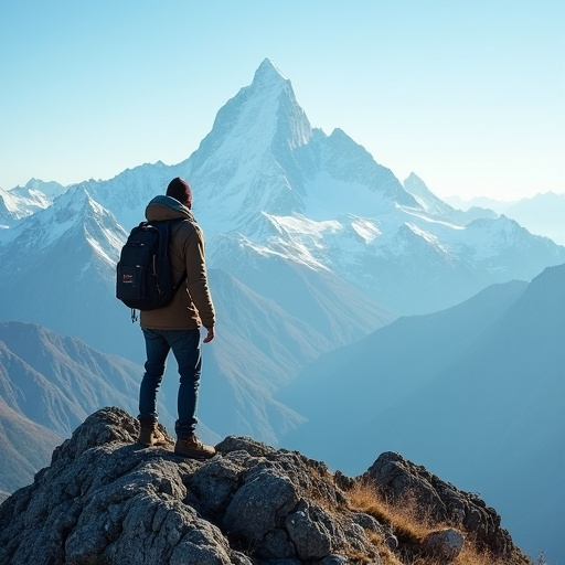 Contemplating the Majesty: A Hiker Finds Serenity Amidst Snowy Peaks