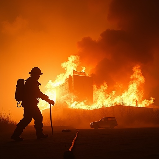 Silhouette of Courage: Firefighter Faces the Blaze