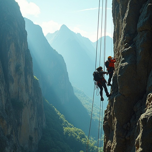 Precarious Descent: Climbers Brave the Vertical Abyss