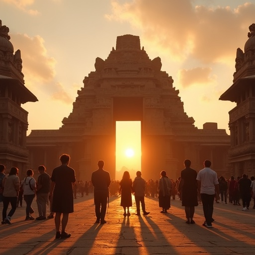 Silhouettes of Serenity: A Golden Sunset Bathes an Ancient Gateway