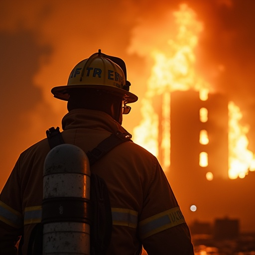 Silhouette of Courage: Firefighter Braves Blazing Inferno