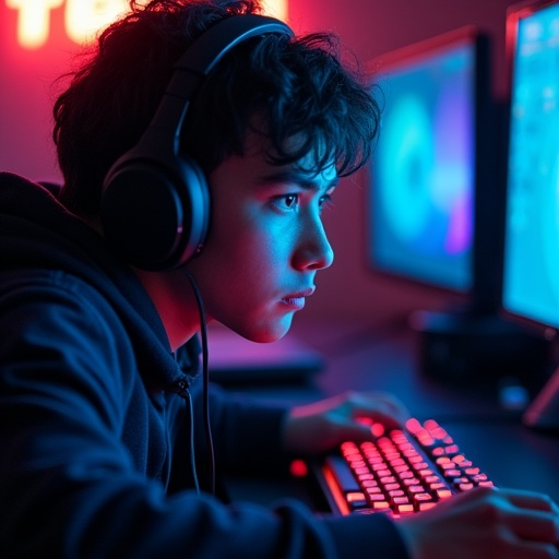 Immersed in the Glow: A Gamer’s Focus Under Neon Lights