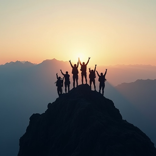 Silhouettes of Triumph: Hikers Conquer the Summit at Sunset