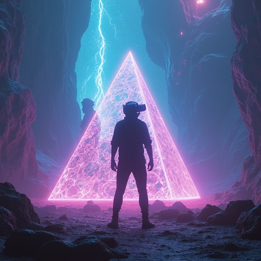 Lost in the Digital Void: A Lone Figure Encounters a Glowing Triangle