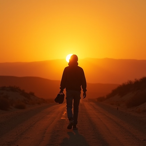 Silhouette of Hope: A Lone Figure Walks Towards the Setting Sun