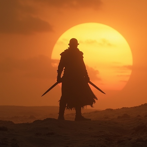 Silhouetted Warrior at Sunset’s Edge