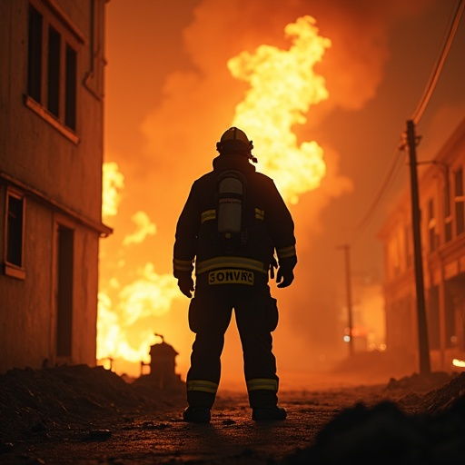 Firefighter Silhouette Against Blazing Inferno