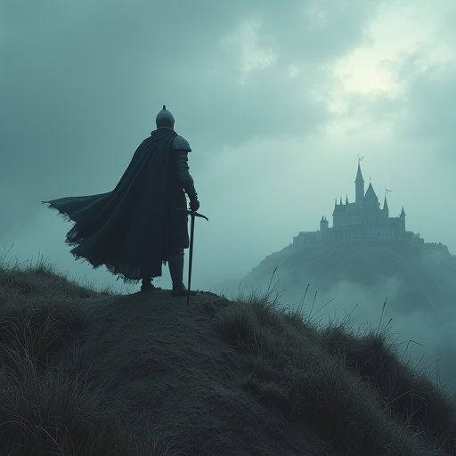 A Knight’s Solitary Vigil: Mystery and Isolation on a Fog-Shrouded Hilltop