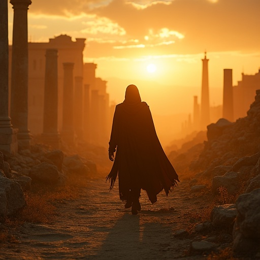 A Solitary Figure Walks Towards Hope in a Ruined City