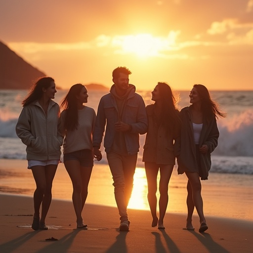 Silhouettes of Joy: A Sunset Stroll on the Beach