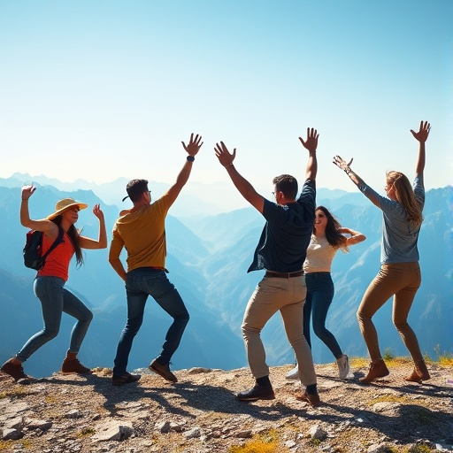 Friends Celebrate the Summit with Joyful Mountain Views