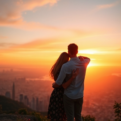 Sunset Embrace: A Romantic Moment in the City Skyline