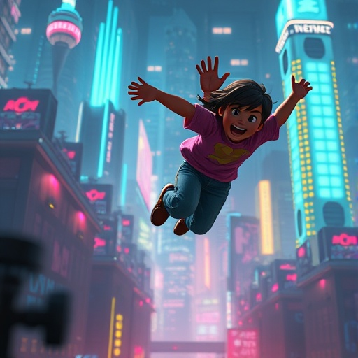 Neon Dreams: A Girl’s Joyful Leap into the City Lights