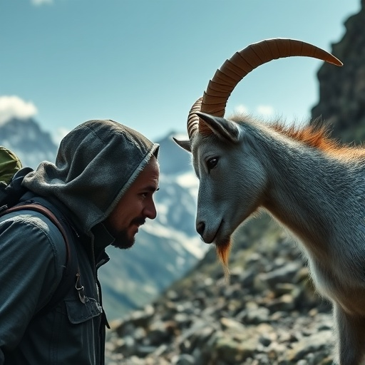 Man and Goat Share a Moment of Intrigued Connection