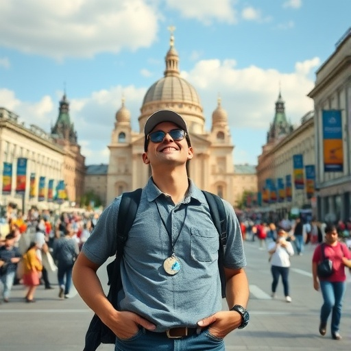 Smiling Tourist Embraces the City’s Charm