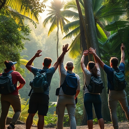 Friends Embracing Adventure in a Sun-Drenched Forest