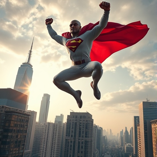 Hope Takes Flight: Superhero Soars Over Cityscape