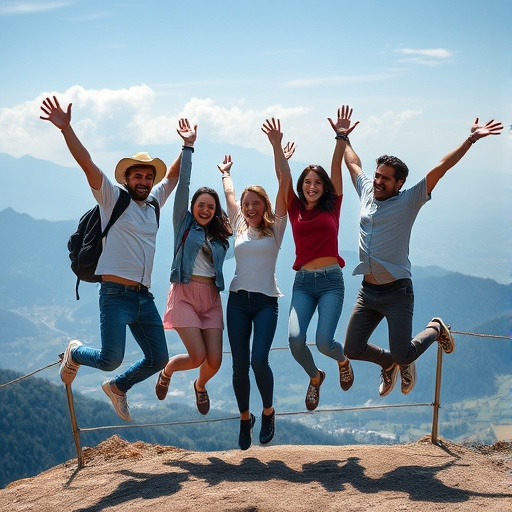 Friends Leap for Joy Against a Majestic Mountain Vista