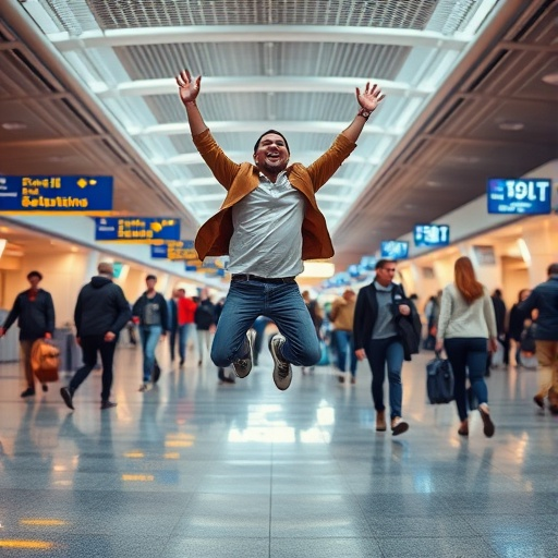 Man Jumps for Joy in Busy Airport Terminal