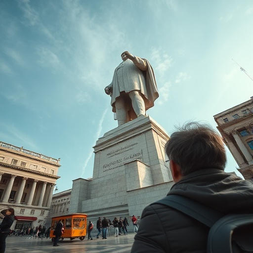 A Moment in Time: Statue and Pedestrian in a Cityscape