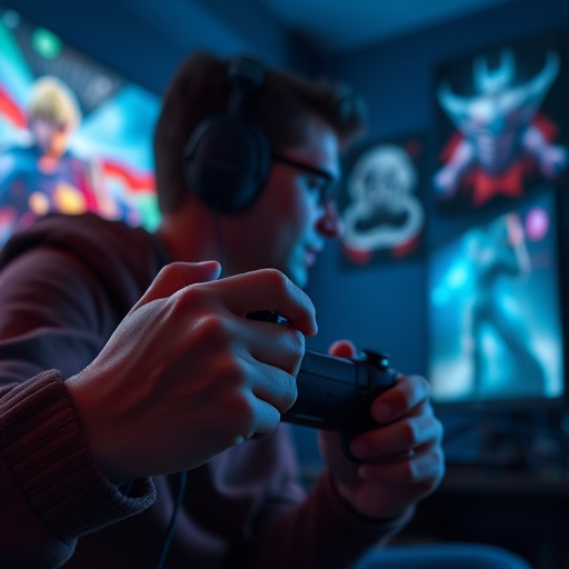 Lost in the Game: A Gamer’s Intense Focus Under Neon Lights