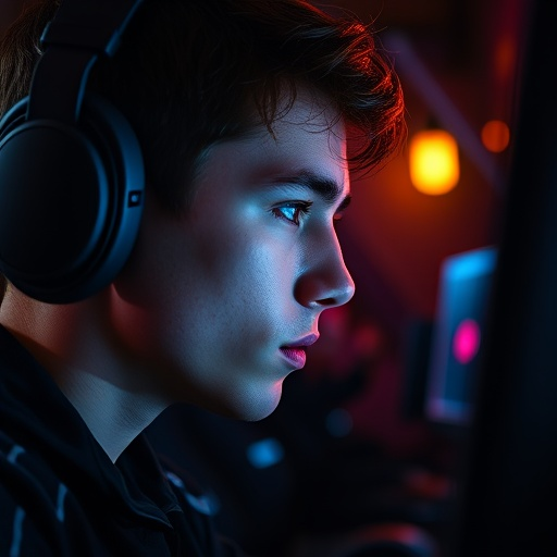 Lost in the Code: A Young Man’s Intense Focus Under Neon Lights