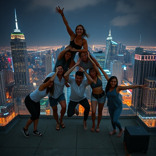 City Lights, City Nights: Friends Embrace the Rooftop View