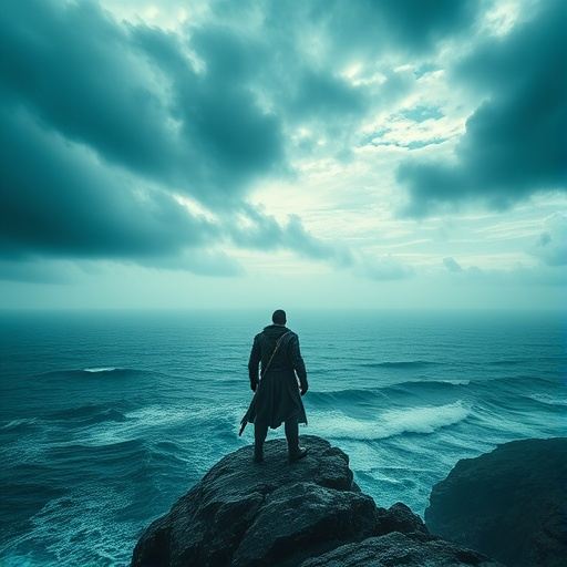 Lost in the Storm: A Figure’s Solitude Against the Vast Sea