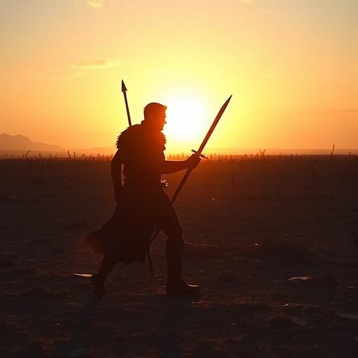 Silhouetted Warrior at Sunset: A Tale of Solitude and Epic Loss