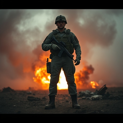 Silhouetted Against the Flames: A Soldier’s Moment of Intensity