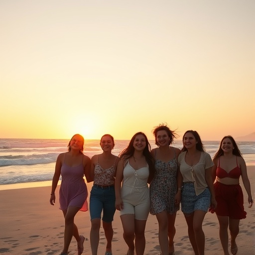 Sunset Smiles: Friends Enjoy a Carefree Beach Stroll