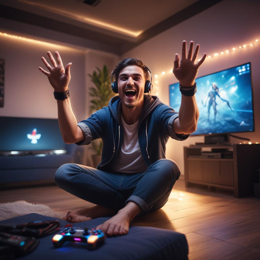 Immersed in the Game: Joyful Gamer Lit by String Lights